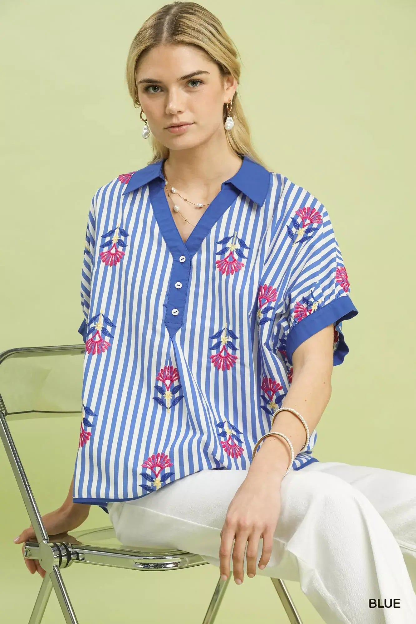 Umgee Stripe Embroidered Button-Front Boho Blouse - Trendsi - Flyclothing LLC