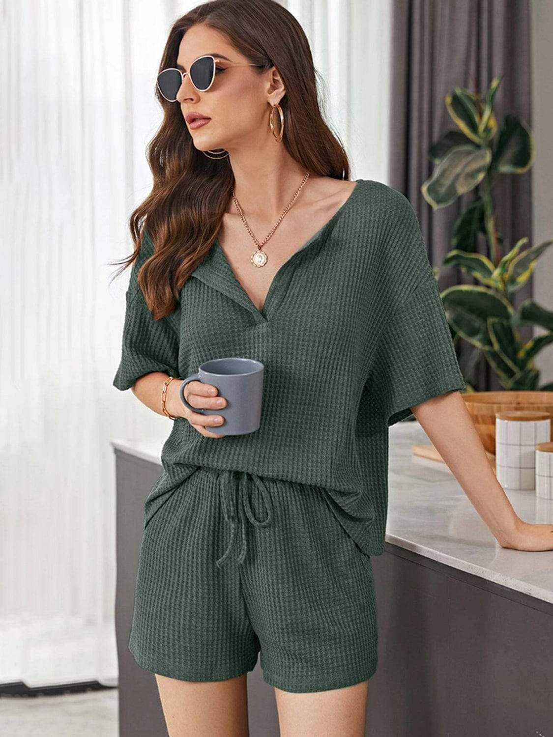 Full Size Waffle-Knit Dropped Shoulder Top and Shorts Set - Trendsi - Flyclothing LLC