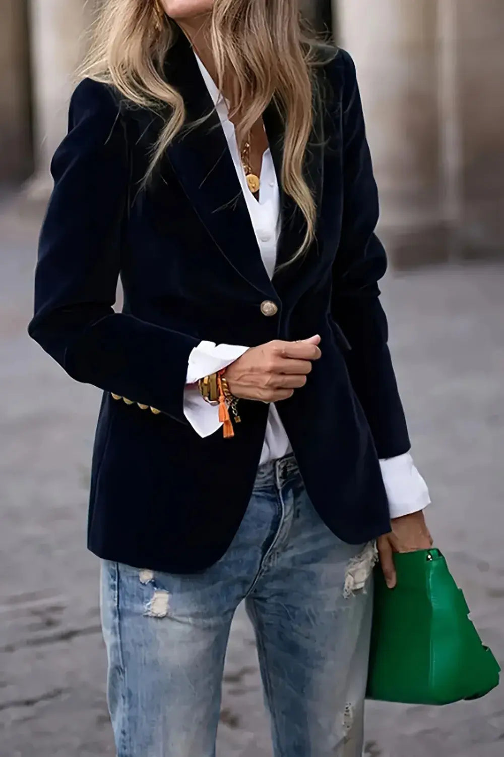 One Button Lapel Collar Long Sleeve Blazer - Trendsi - Flyclothing LLC