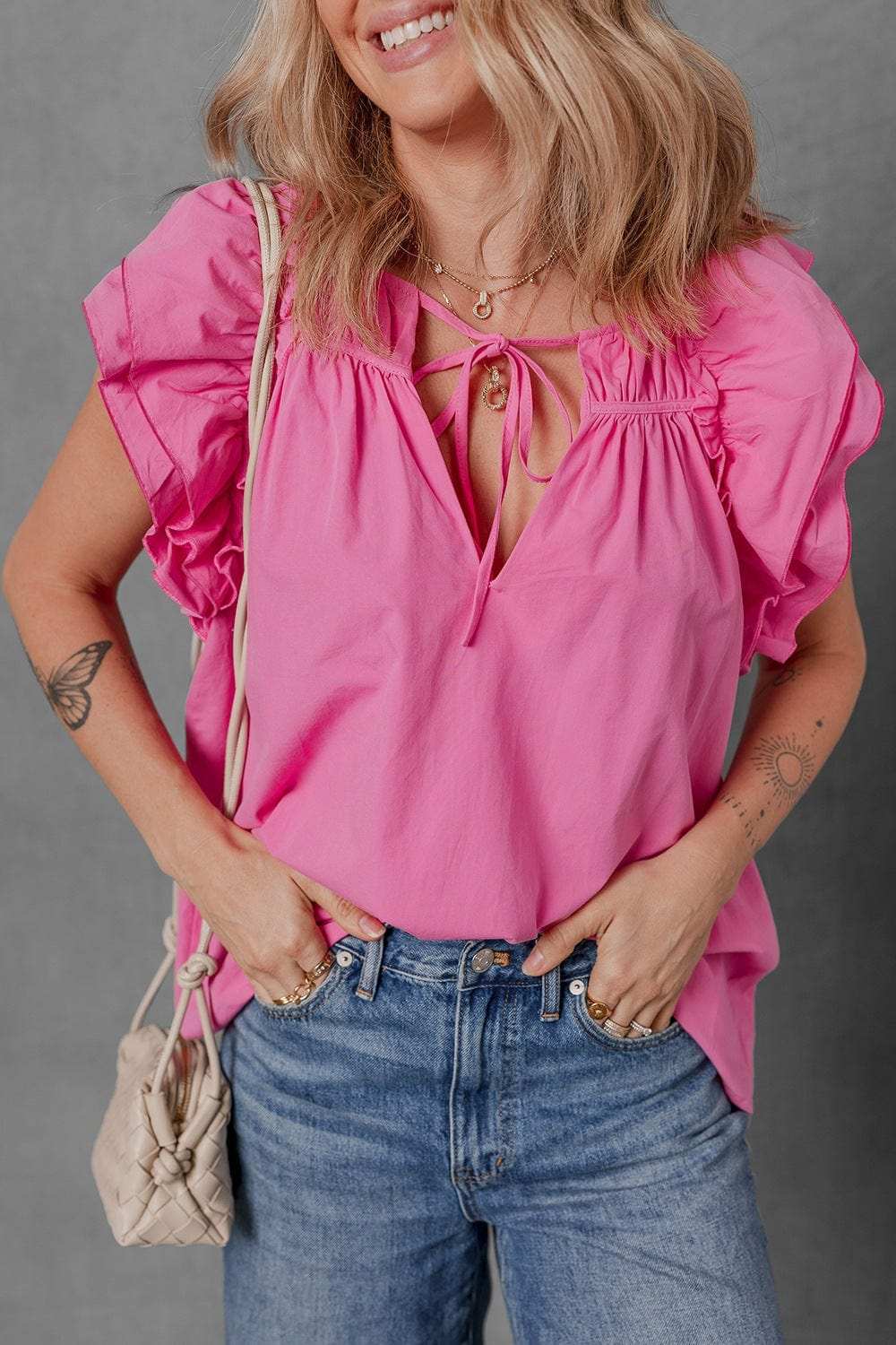 Shirred Tie Neck Ruffled Cap Sleeve Blouse - Trendsi - Flyclothing LLC
