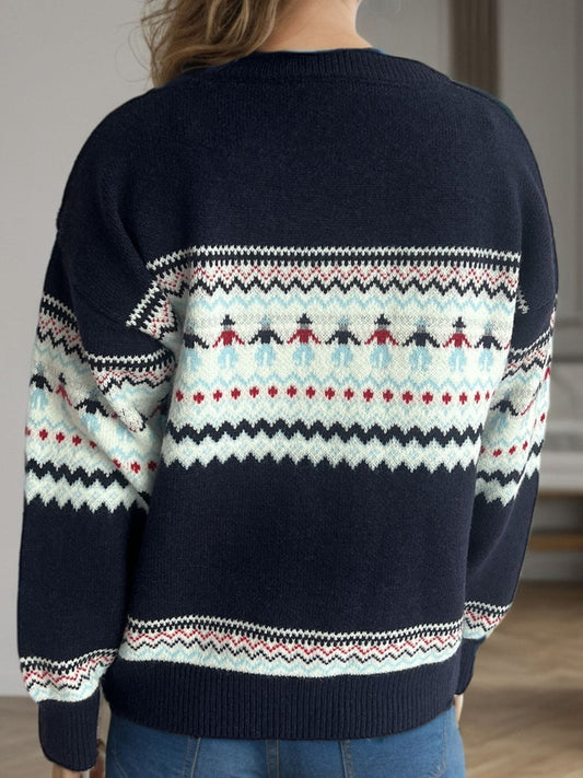 Contrast Round Neck Dropped Shoulder Sweater - Trendsi