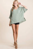 BiBi Flowy Woven V-Neck Top with Rolled Up Cuffs - Trendsi - Flyclothing LLC