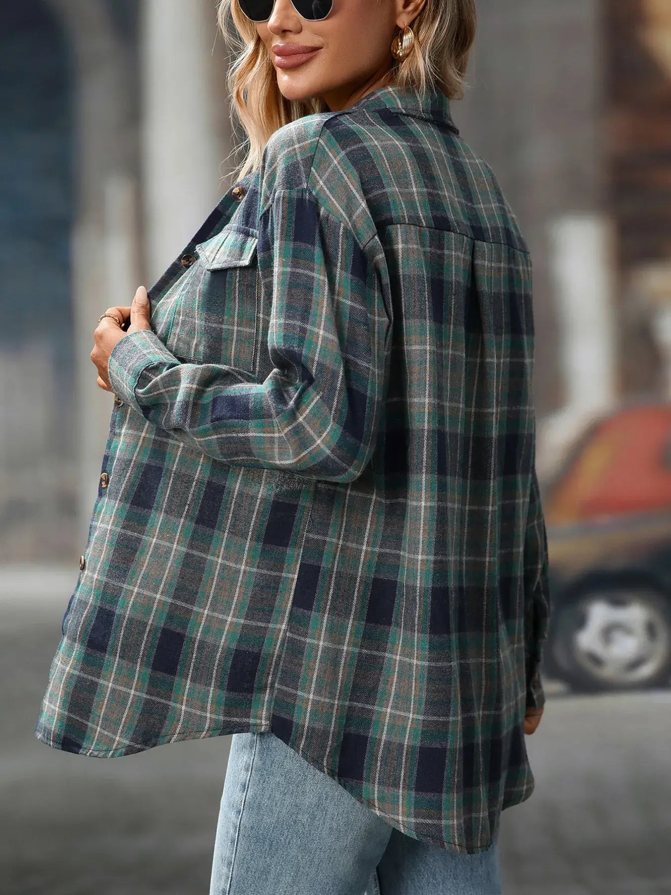 Oversized Plaid Button-Up Shirt - Trendsi - Flyclothing LLC