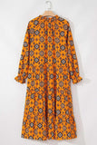 Frill Printed Tie Neck Long Sleeve Dress - Trendsi - Flyclothing LLC