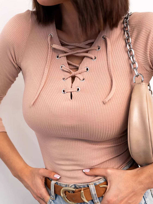 Lace Up Long Sleeve T-Shirt - Trendsi - Flyclothing LLC