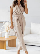 Surplice Cap Sleeve Tie Waist Jumpsuit - Trendsi - Flyclothing LLC