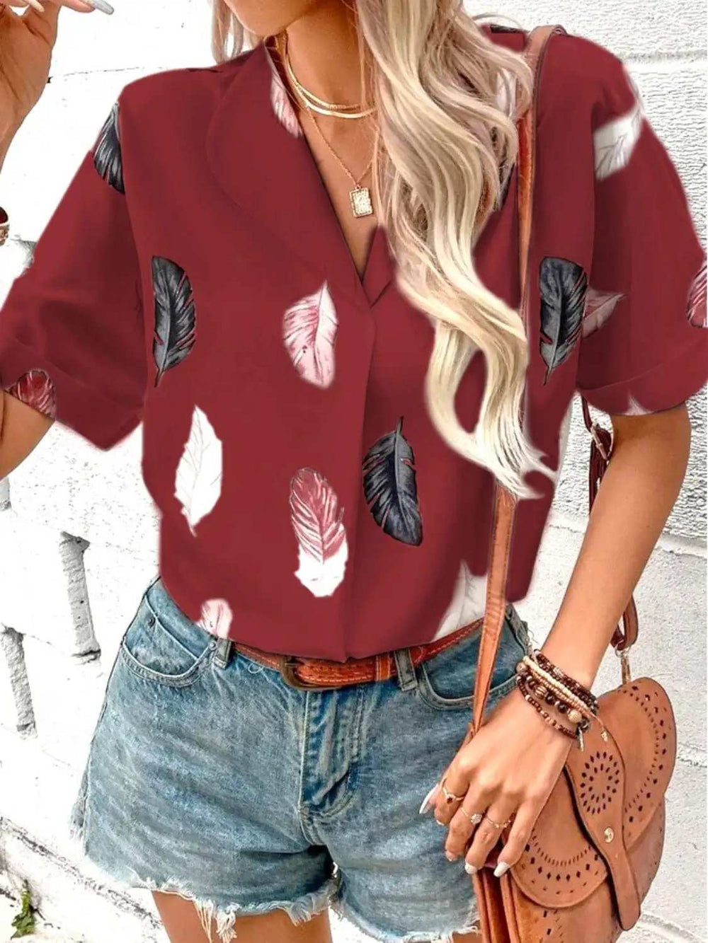 Full Size Printed Collared Neck Short Sleeve Blouse - Trendsi - Flyclothing LLC