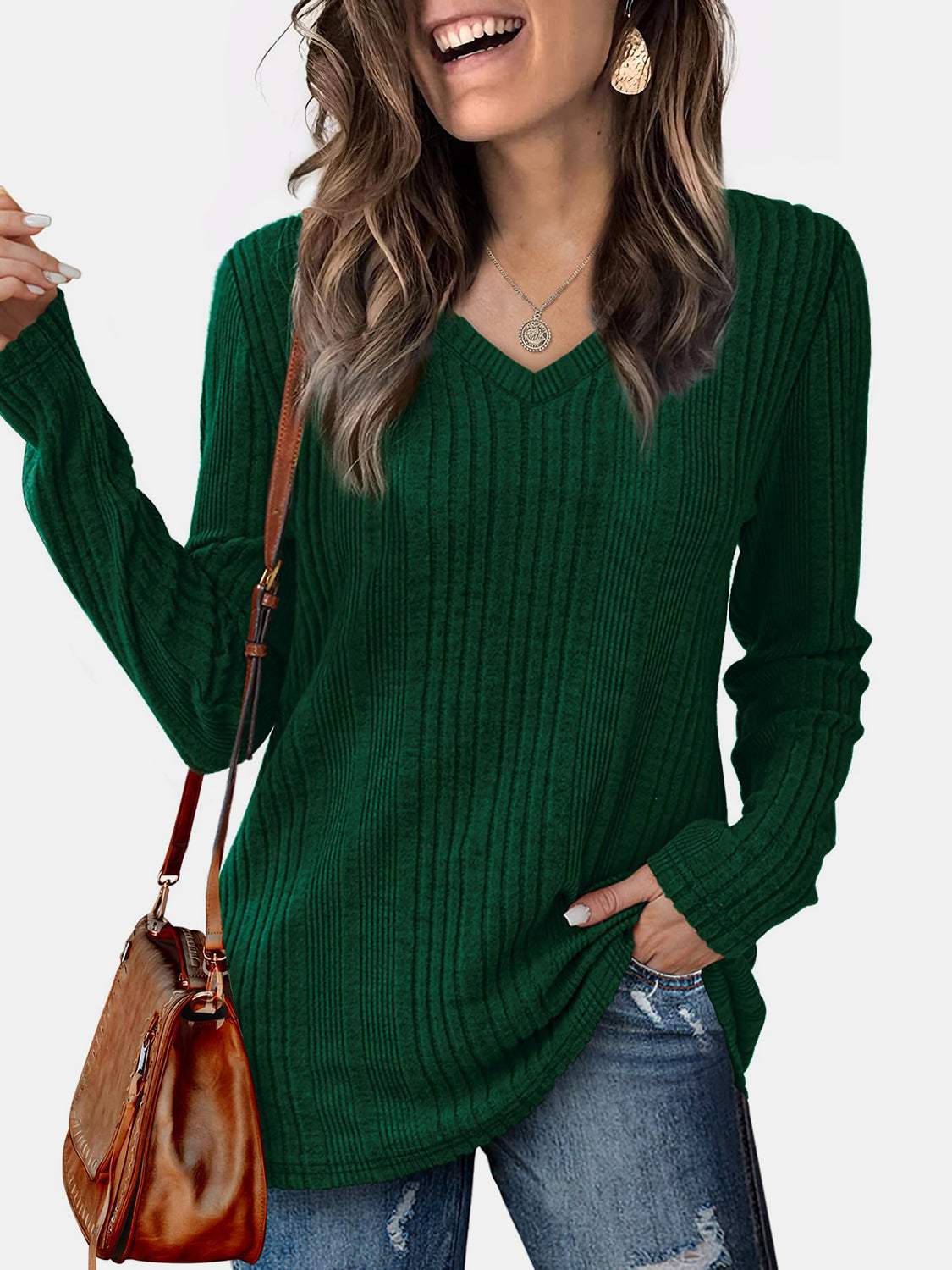 V-Neck Long Sleeve T-Shirt - Trendsi - Flyclothing LLC