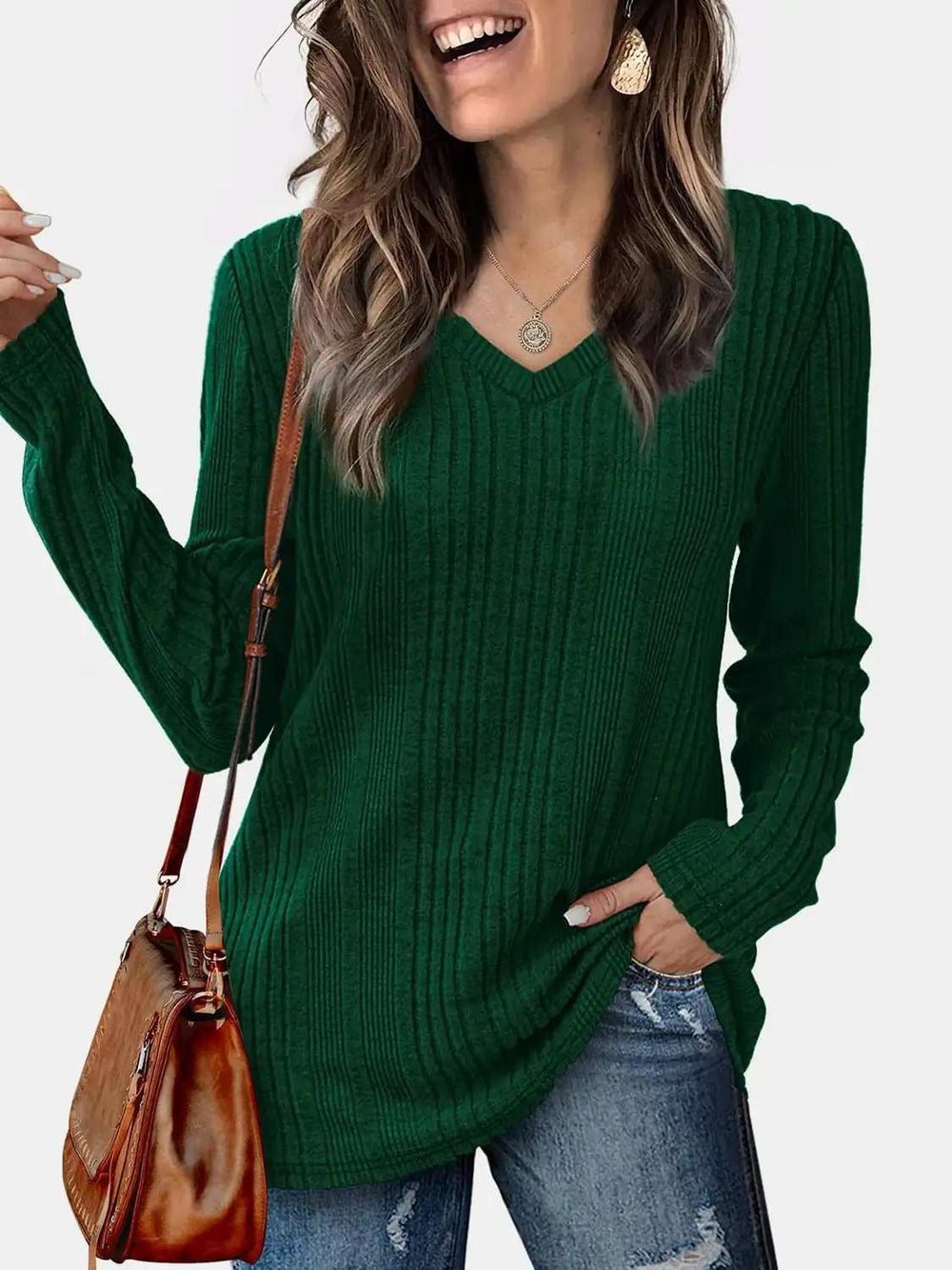 V-Neck Long Sleeve T-Shirt - Trendsi - Flyclothing LLC