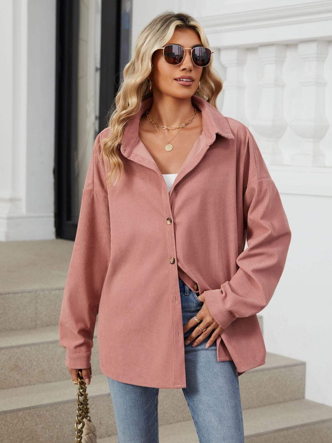Collared Neck Long Sleeve Dropped Shoulder Shirt - Trendsi - Flyclothing LLC