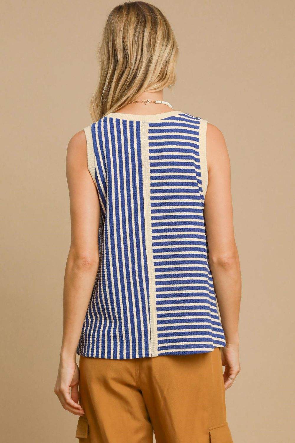 Umgee Round Neck Texture Striped Tank - Trendsi - Flyclothing LLC