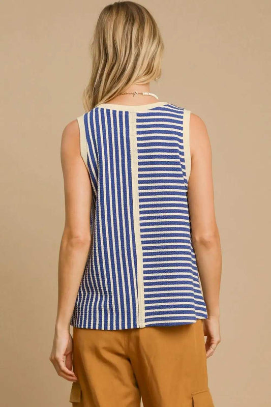Umgee Round Neck Texture Striped Tank - Trendsi - Flyclothing LLC