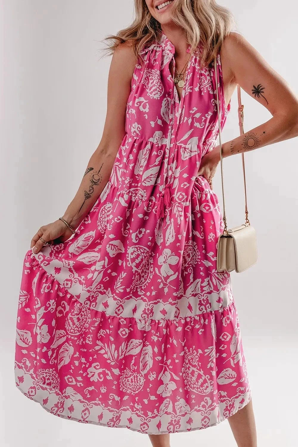 Floral Sleeveless Tasseled Tie Neck Tiered Midi Dress - Trendsi