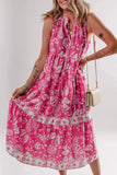 Floral Sleeveless Tasseled Tie Neck Tiered Midi Dress - Trendsi
