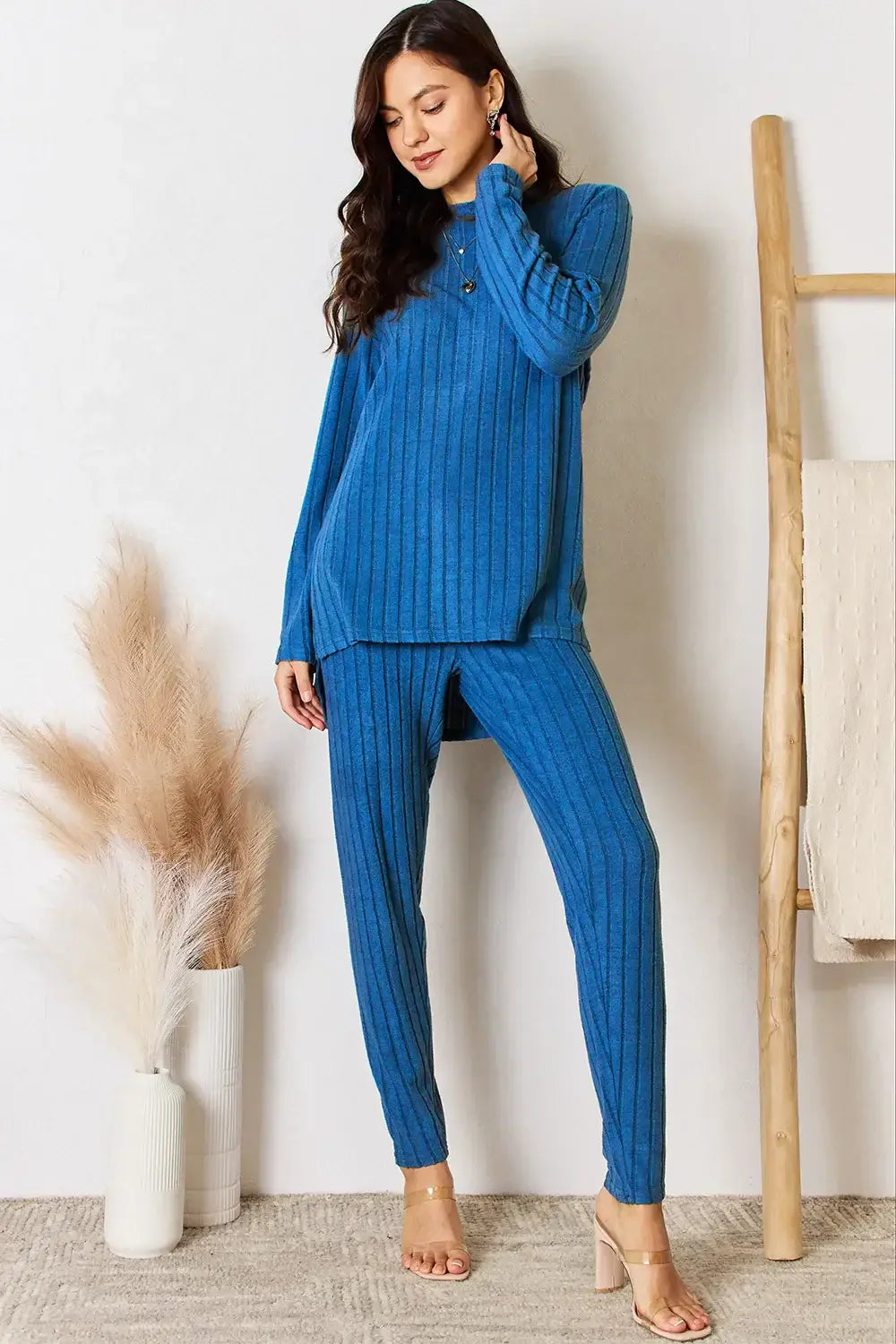 Basic Bae Full Size Ribbed Round Neck High-Low Slit Top and Pants Set - ShopBasicbae - Flyclothing LLC