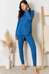 Basic Bae Full Size Ribbed Round Neck High-Low Slit Top and Pants Set - ShopBasicbae - Flyclothing LLC