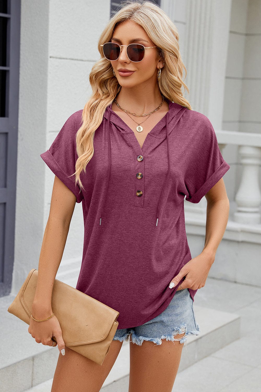 Florira Hooded Short Sleeve T-Shirt - Trendsi