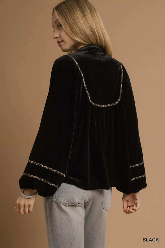 Umgee Velvet Long Sleeve Blouse with Contrast Trim - Trendsi - Flyclothing LLC