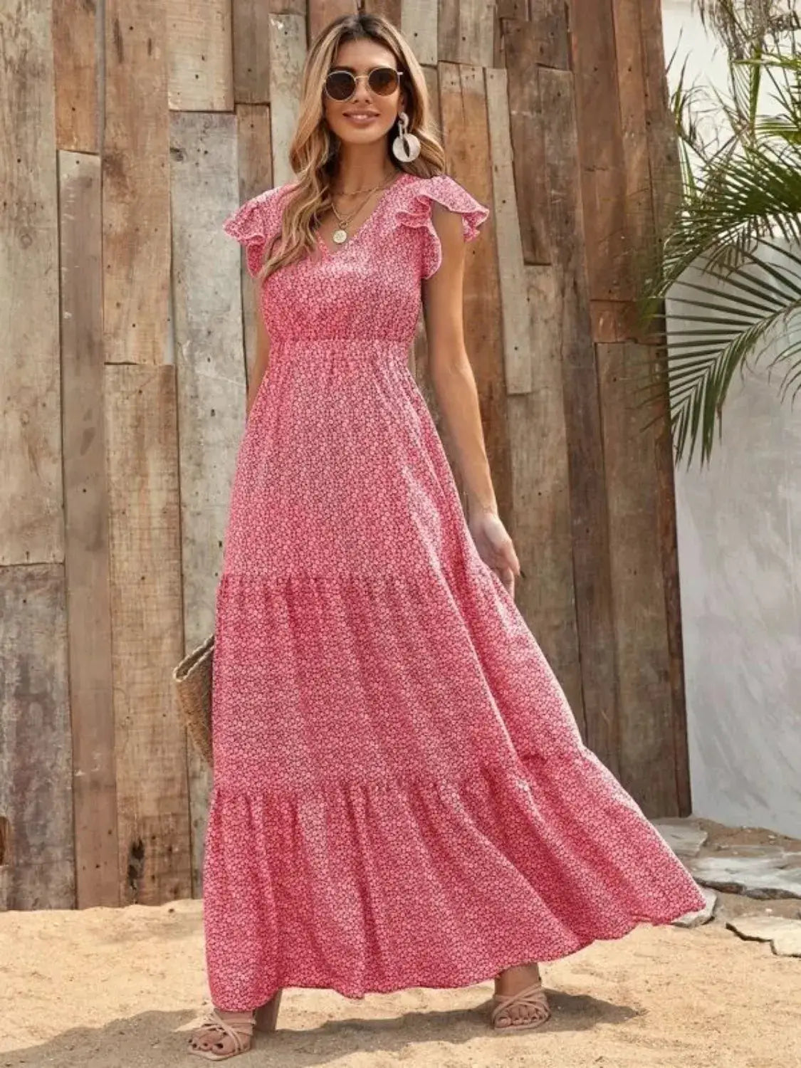 Printed V-Neck Ruffled Cap Sleeve Maxi Dress - Trendsi - Flyclothing LLC