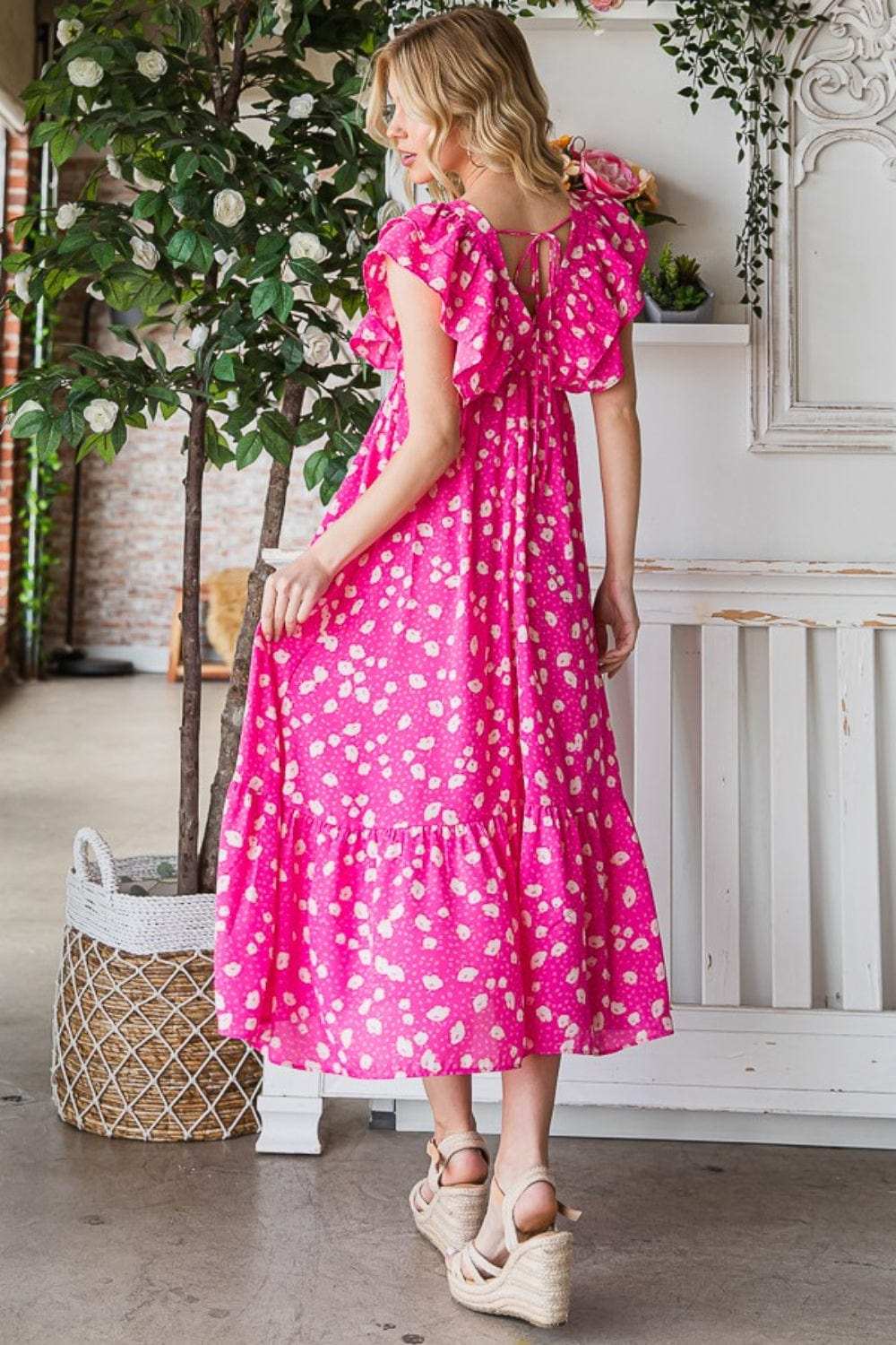 Reborn J Printed V-Neck Ruffle Trim Tiered Midi Dress - Trendsi - Flyclothing LLC