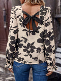 Bow Back Printed Round Neck Flounce Sleeve Blouse - Trendsi - Flyclothing LLC