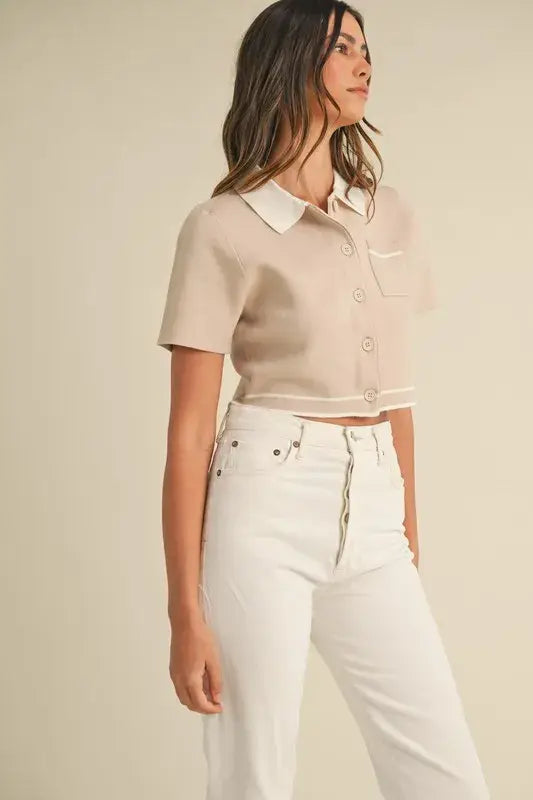 MABLE Button Down Contrast Collared Knit Cardigan - Trendsi - Flyclothing LLC