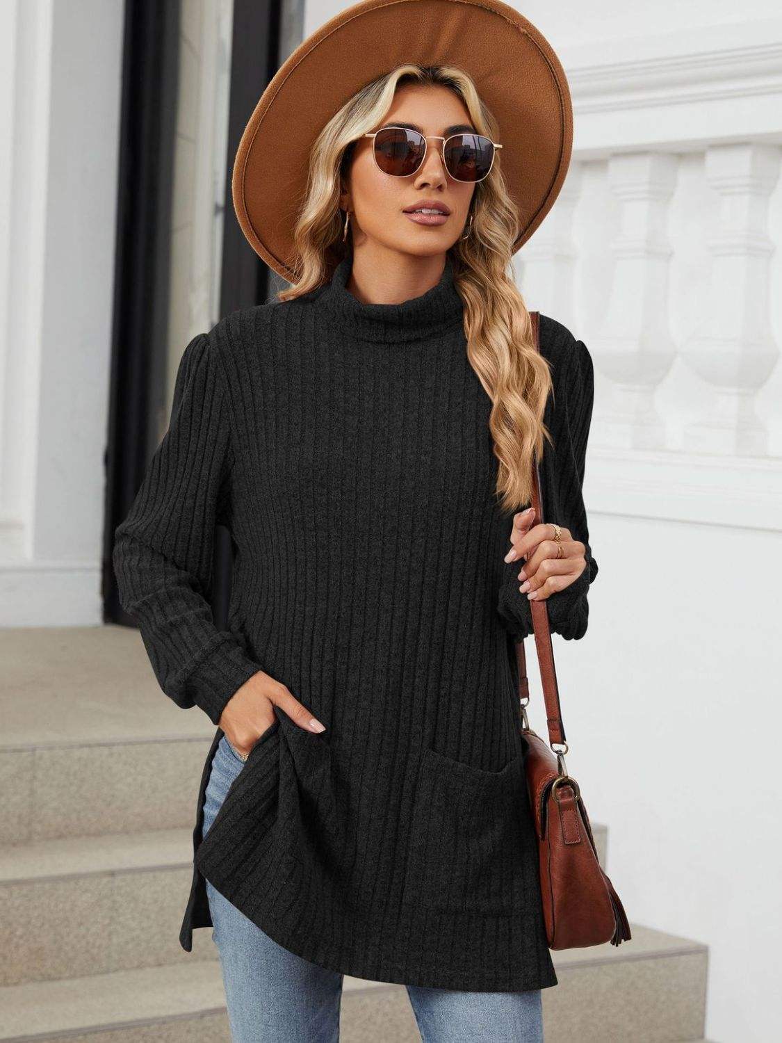 Slit Mock Neck Long Sleeve T-Shirt - Trendsi - Flyclothing LLC