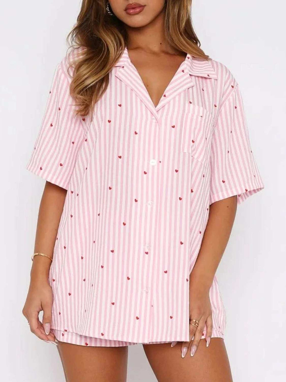 Valentine's Day Printed Collared Neck Short Sleeve Top and Shorts Set - Trendsi - Flyclothing LLC
