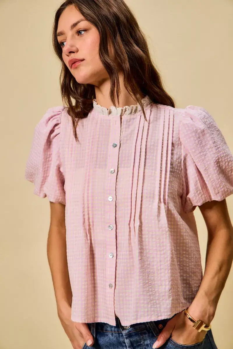 SO ME Gingham Lace Trim Button Bubble Sleeves Blouse - Trendsi - Flyclothing LLC