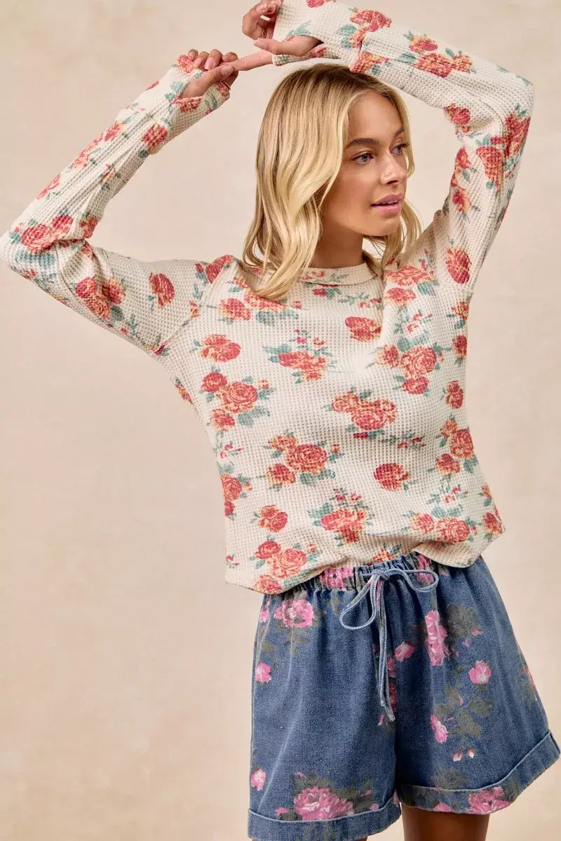 BiBi Floral Print Washed Waffle Thermal Top With Thumb - Trendsi - Flyclothing LLC