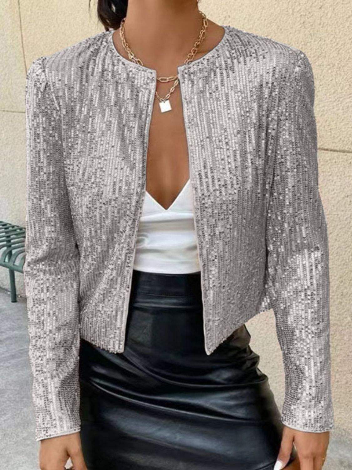 Full Size Sequin Open Front Cropped Jacket - Trendsi - Flyclothing LLC