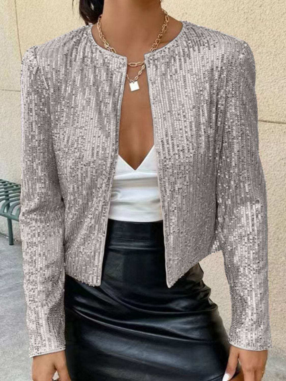 Full Size Sequin Open Front Cropped Jacket - Trendsi - Flyclothing LLC
