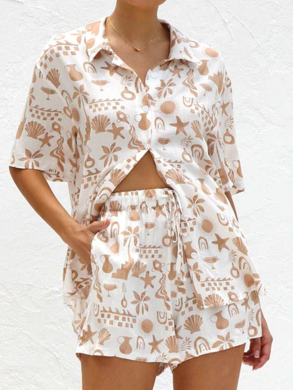 Printed Button Down Short Sleeve Top and Shorts Set - Trendsi - Flyclothing LLC