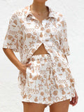 Printed Button Down Short Sleeve Top and Shorts Set - Trendsi - Flyclothing LLC