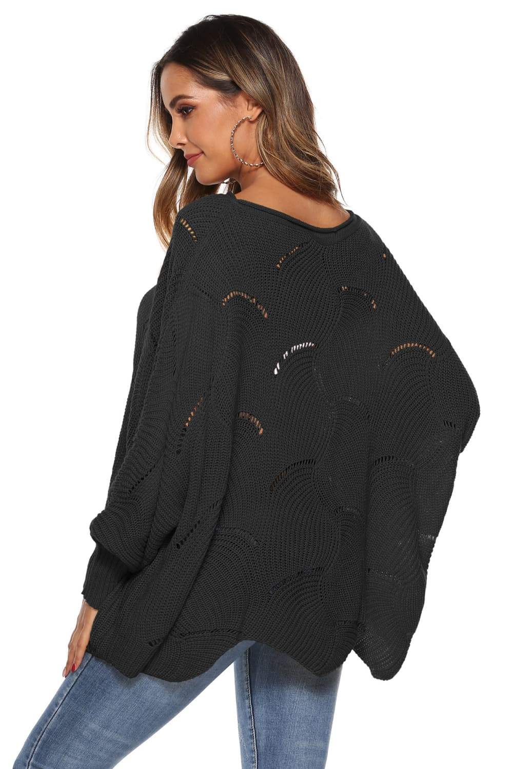 Round Neck Long Sleeve Openwork Sweater - Trendsi - Flyclothing LLC