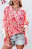 Floral V-Neck Three-Quarter Sleeve Blouse - Trendsi - Flyclothing LLC