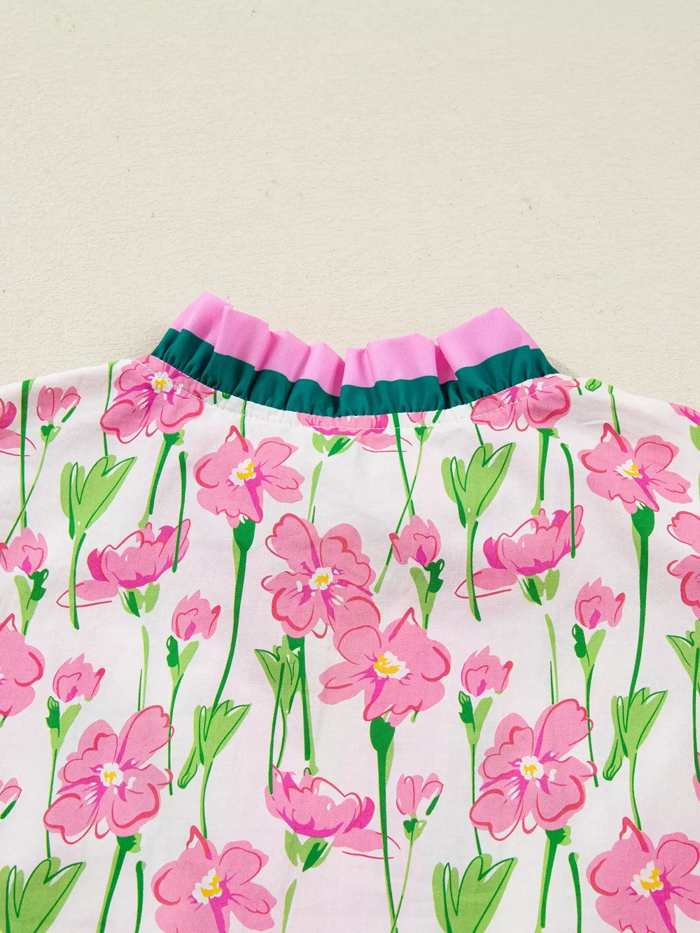 Floral Print Contrast Trim V Neck Double Ruffled Short Sleeve Blouse - Trendsi - Flyclothing LLC