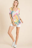 BiBi Circular Tie Dye Print V Neck Top - Trendsi - Flyclothing LLC