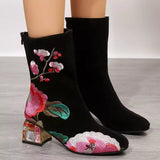 Floral Embroidered Rhinestone Block Heel Boots - Trendsi - Flyclothing LLC