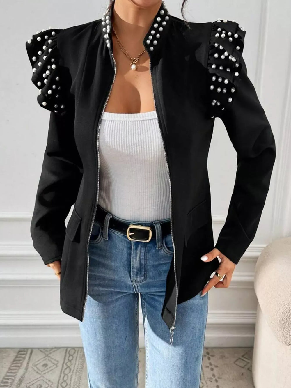 Pearl Embellished Shoulder Zip Up Jacket - Trendsi - Flyclothing LLC