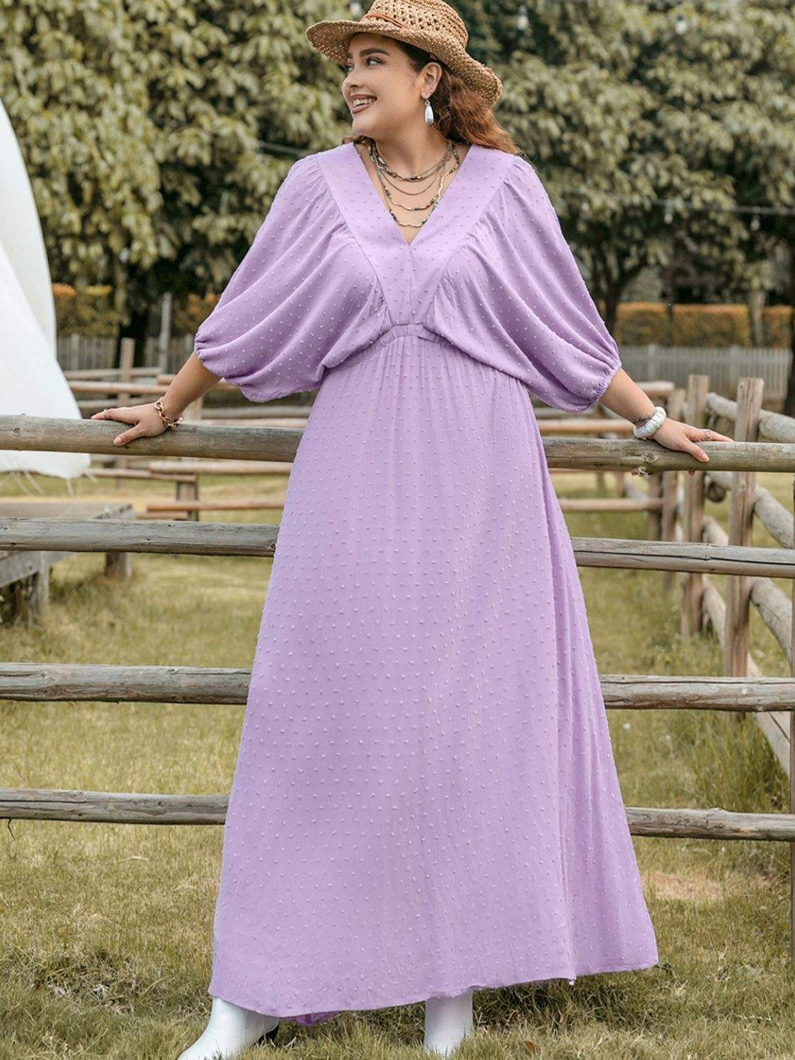 Plus Size Swiss Dot V-Neck Midi Dress - Trendsi - Flyclothing LLC