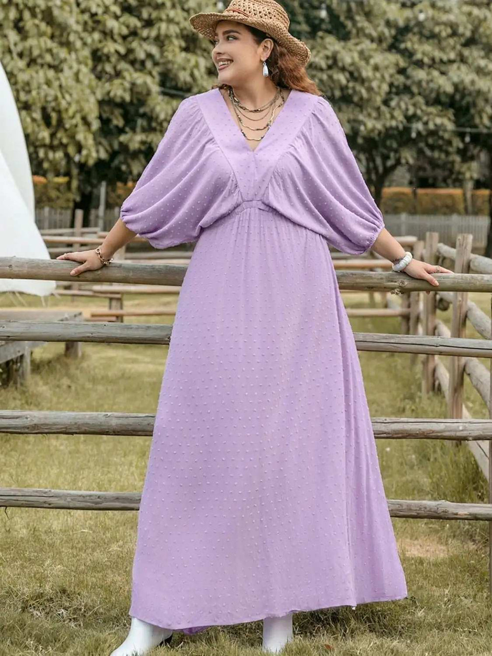 Plus Size Swiss Dot V-Neck Midi Dress - Trendsi - Flyclothing LLC