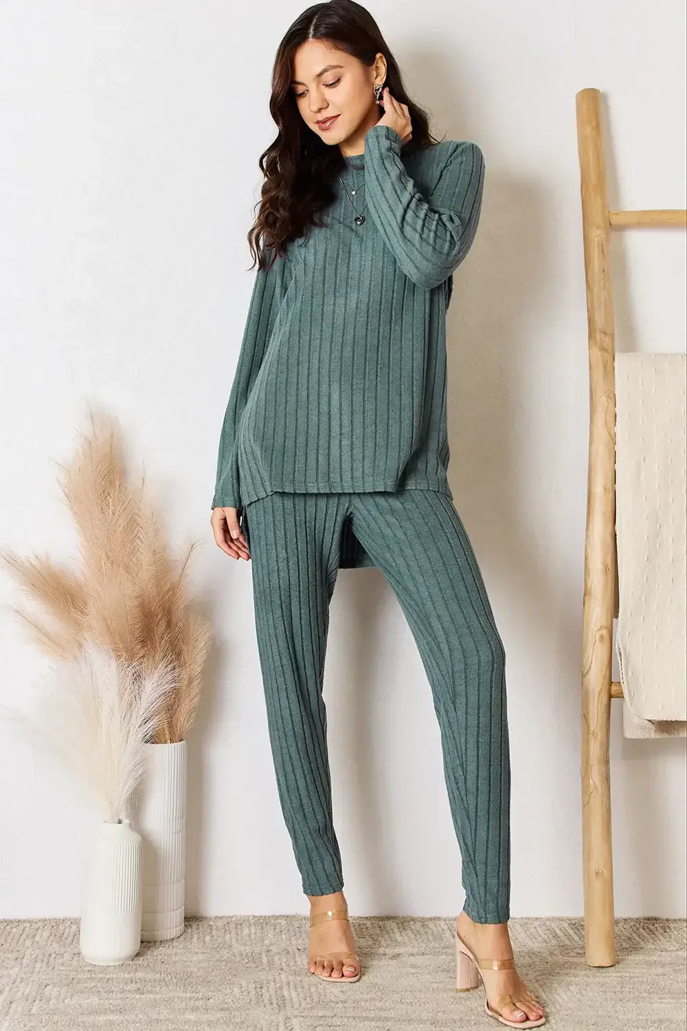 Basic Bae Full Size Ribbed Round Neck High-Low Slit Top and Pants Set - ShopBasicbae - Flyclothing LLC