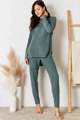 Basic Bae Full Size Ribbed Round Neck High-Low Slit Top and Pants Set - ShopBasicbae - Flyclothing LLC