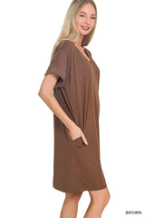 Zenana Brushed Dty Rolled Short Sleeve V-Neck Dress - Trendsi - Flyclothing LLC