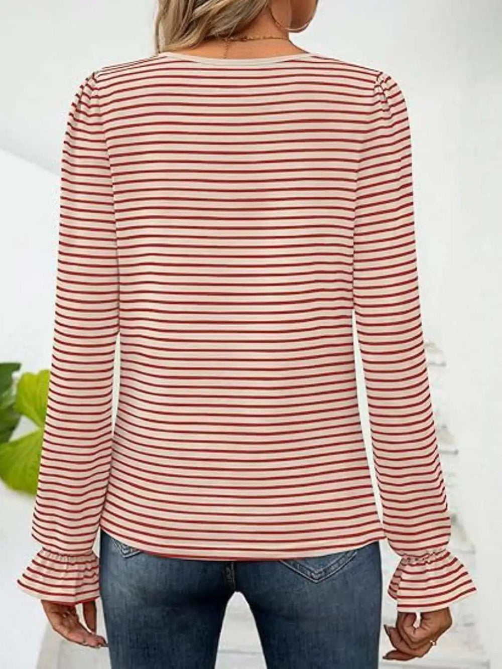 Striped Square Neck Flounce Sleeve Top - Trendsi - Flyclothing LLC