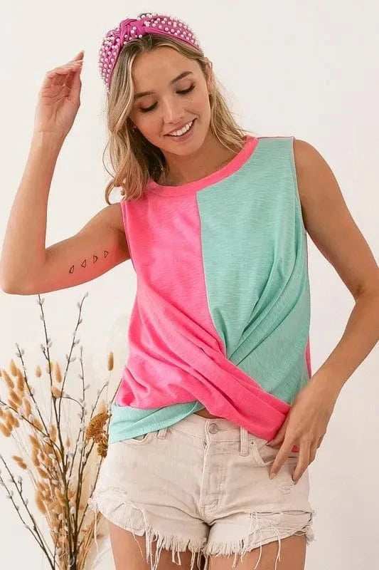 BiBi Slub Terry Color Block Twisted Top - Trendsi - Flyclothing LLC