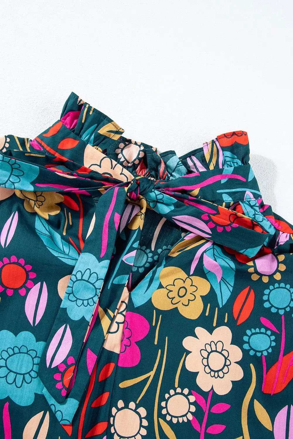 Printed Tie Neck Half Sleeve Blouse - Trendsi - Flyclothing LLC