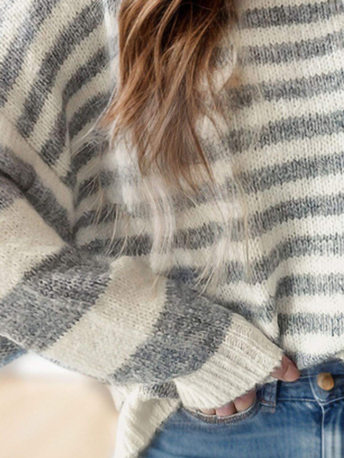 Striped Round Neck Dropped Shoulder Sweater - Trendsi - Flyclothing LLC