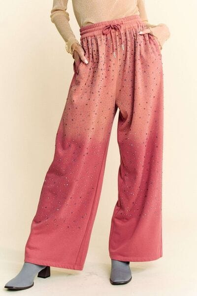 Davi & Dani Rhinestone Drawstring Wide Leg Pants - Trendsi